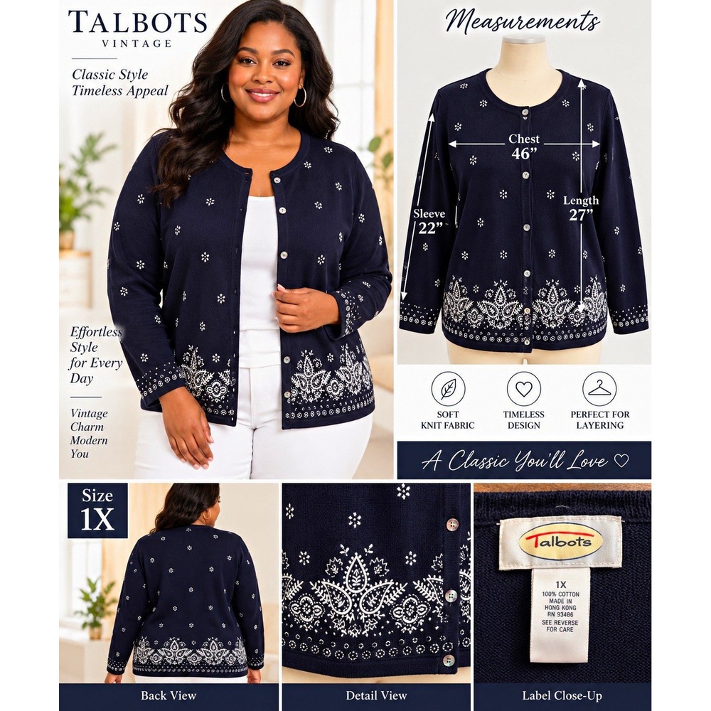 Talbots Women's 1X Navy White Paisley Button-Front Knit Cotton Cardigan Sweater